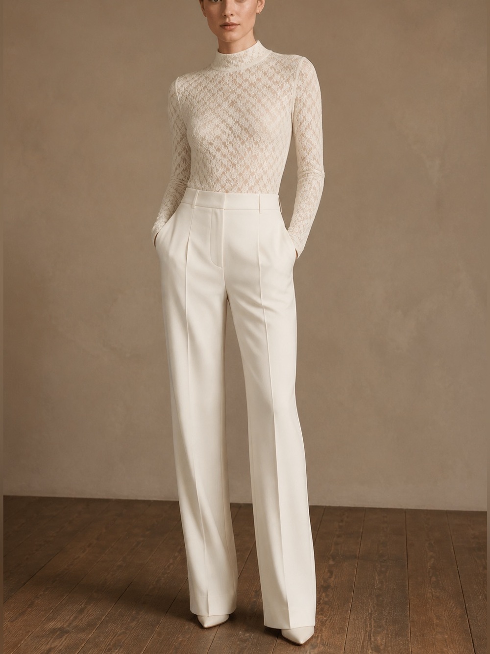 Open Edit Long Sleeve Lace Bodysuit – Ivory